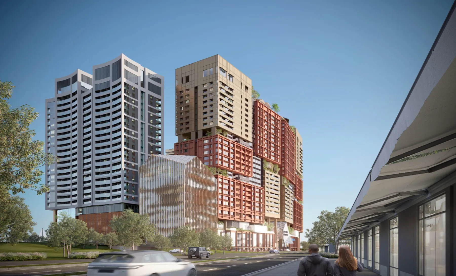 The Bedrock towers seen from the street on the way in from Gaya Street, artist's impression