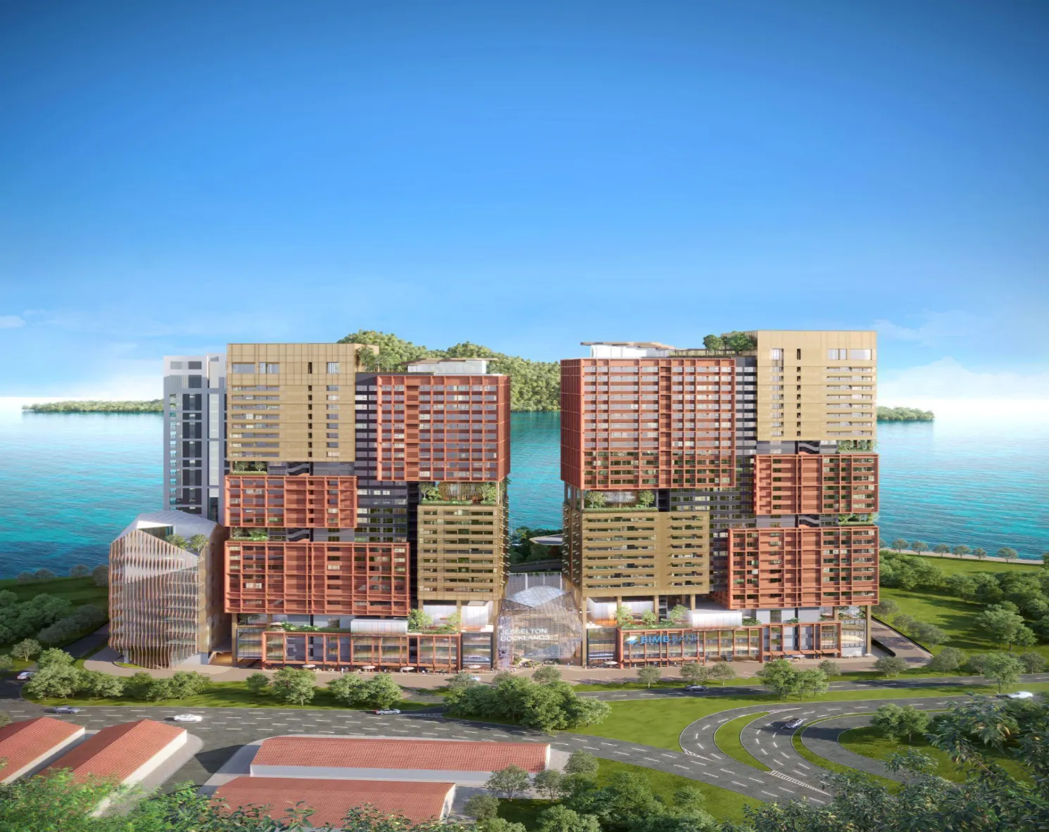 The Bedrock towers with the islands behind, seen from the hill, artist's impression