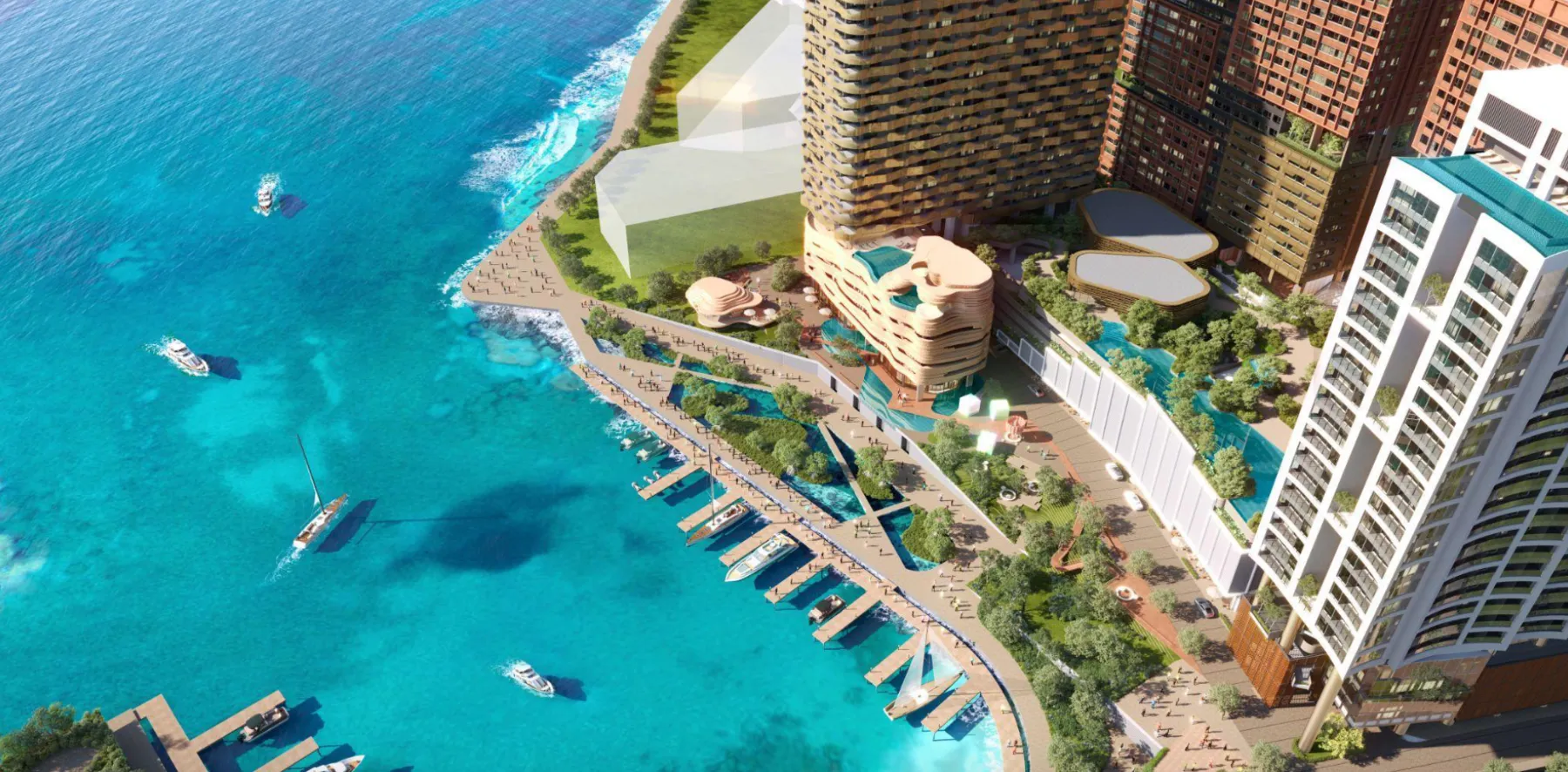 The Bedrock jesselton Docklands marina from above, artist's impression