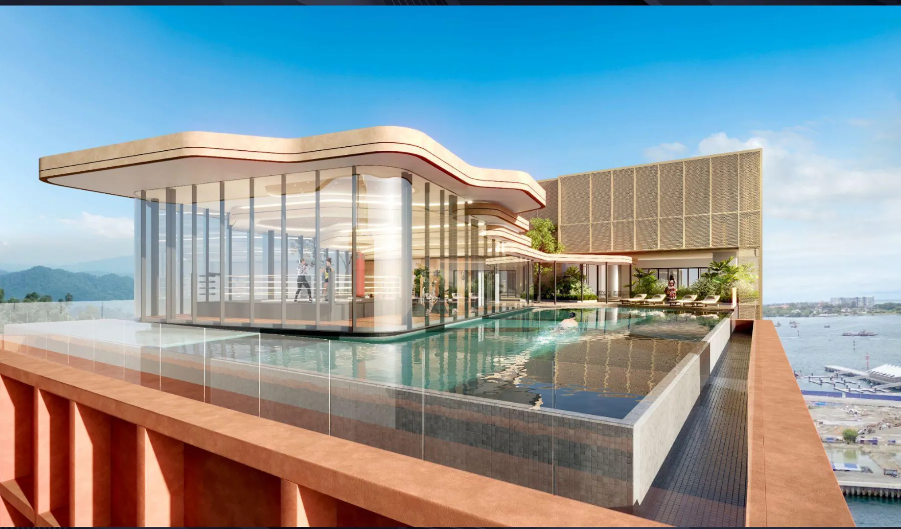 The Bedrock rooftop swimming pool overlooking the Kota Kinabalu harbour, artist's impression