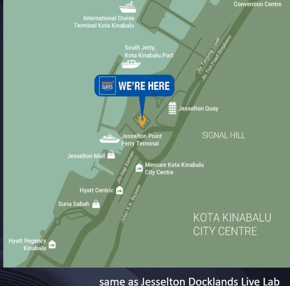 Location plan of The Bedrock at Jesselton Docklands near Jesselton Quay, the cruise terminal, Jesselton Point ferry terminal and Signal Hill, Kota Kinabalu