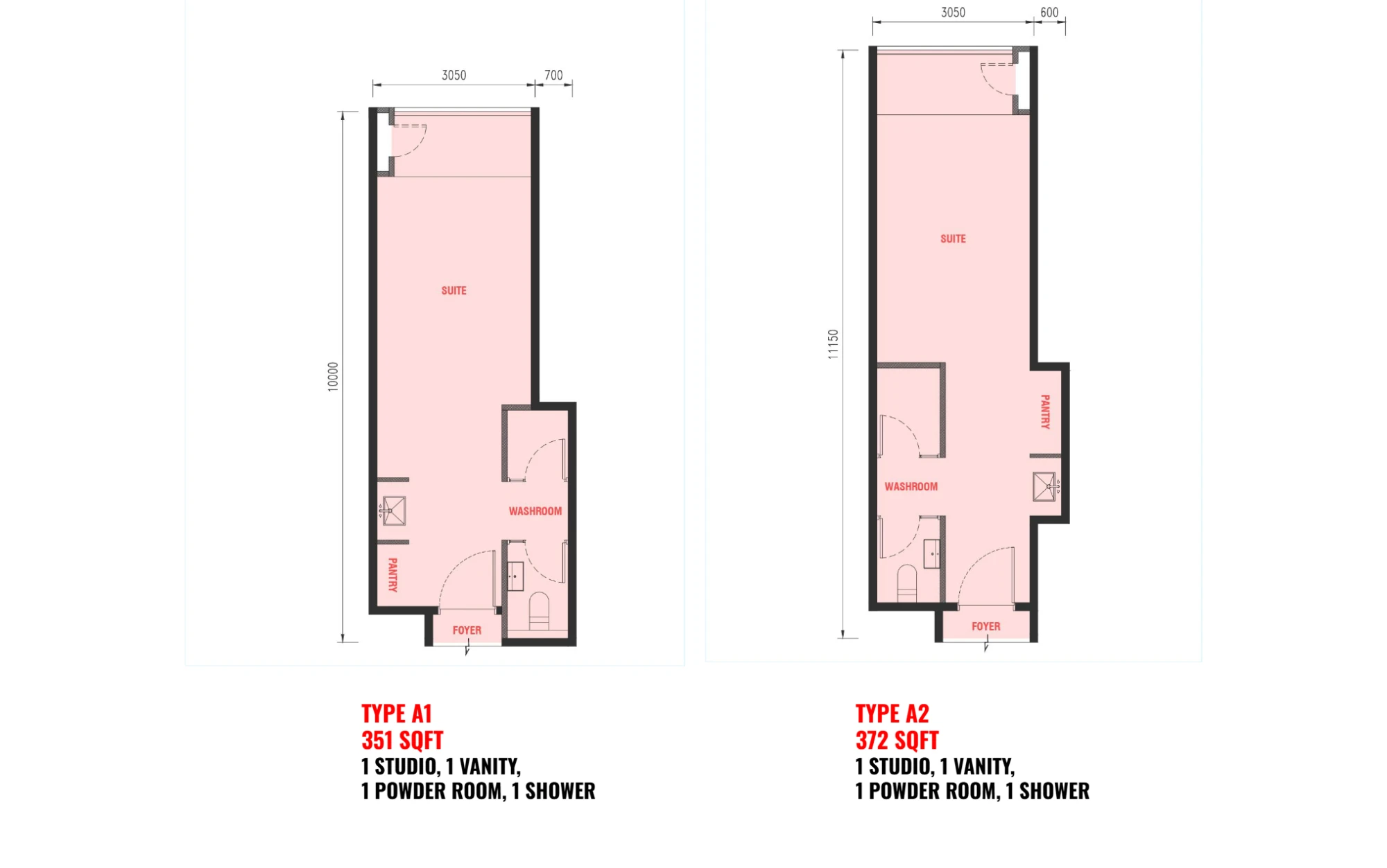 The Bedrock floor plan Type A1 / A2, 351–372 sq ft, Studio