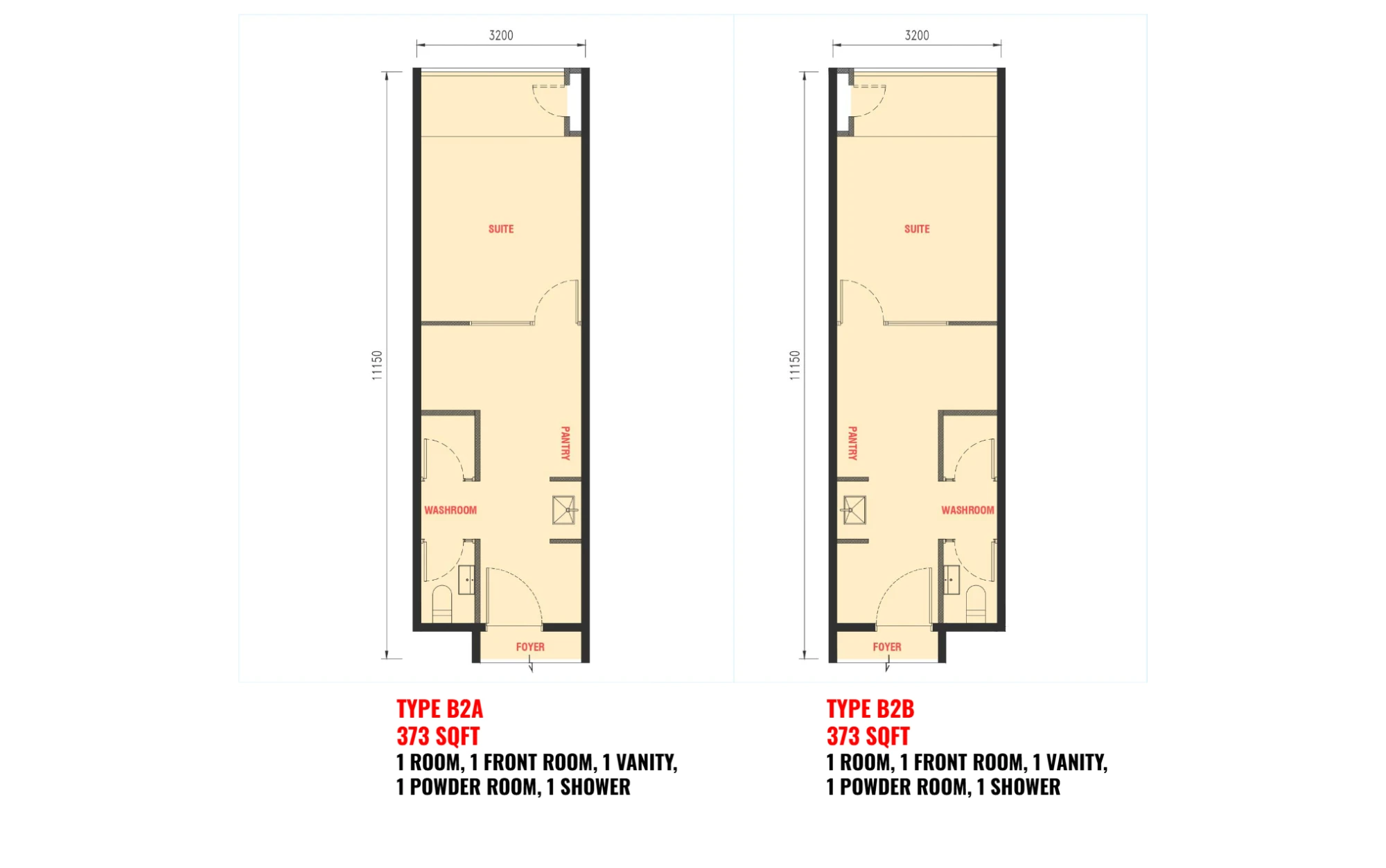 The Bedrock floor plan Type B2A / B2B, 373 sq ft, 1 room + front room