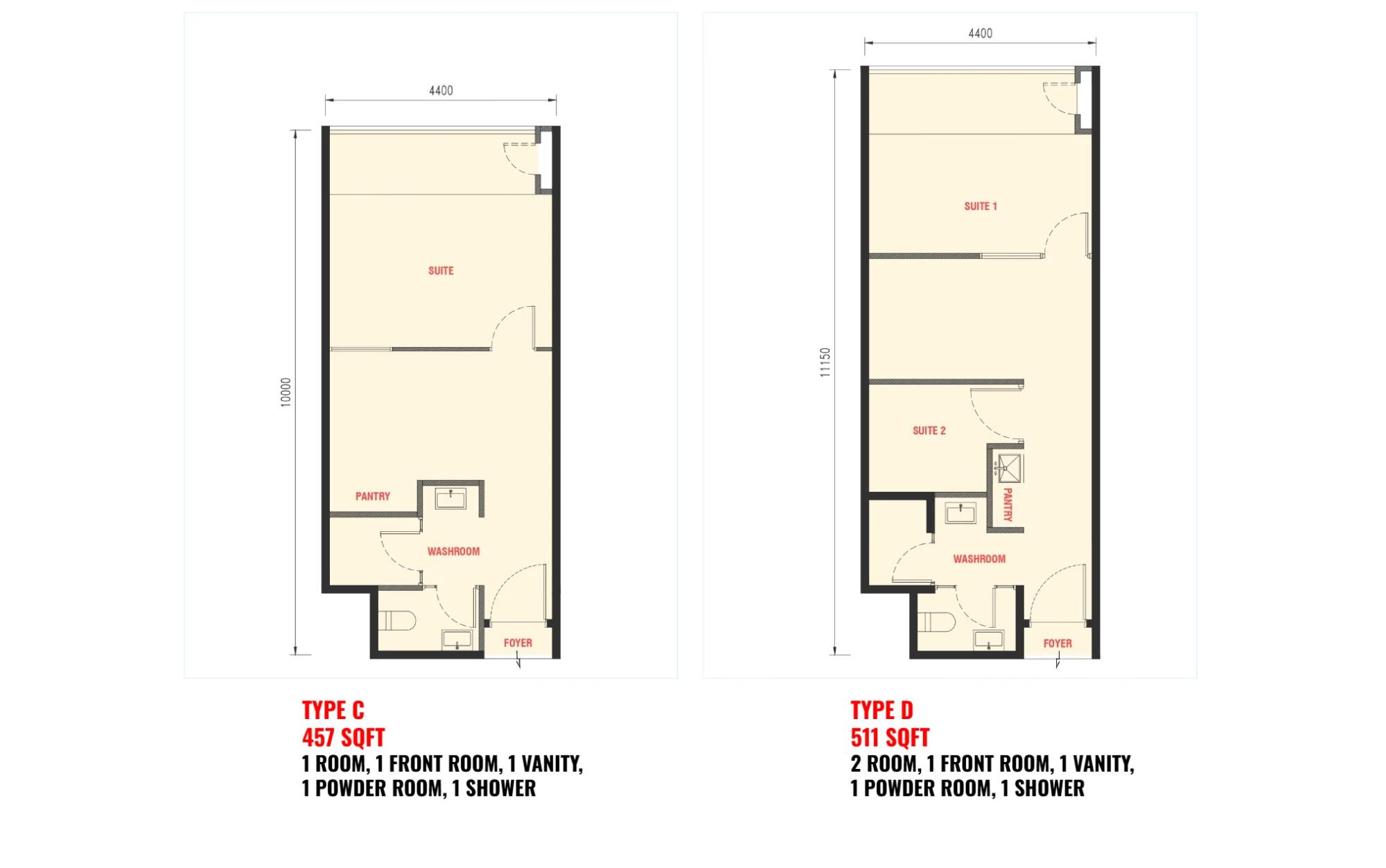 The Bedrock floor plan Type C / D, 457–511 sq ft, 1 or 2 rooms + front room