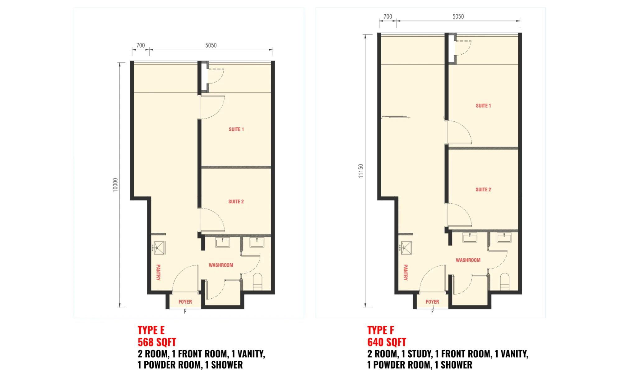 The Bedrock floor plan Type E / F, 568–640 sq ft, 2 rooms (F with study)