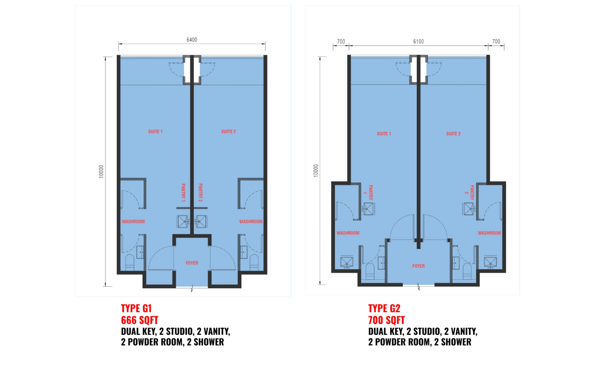 The Bedrock floor plan Type G1 / G2, 666–700 sq ft, Dual key, 2 studios