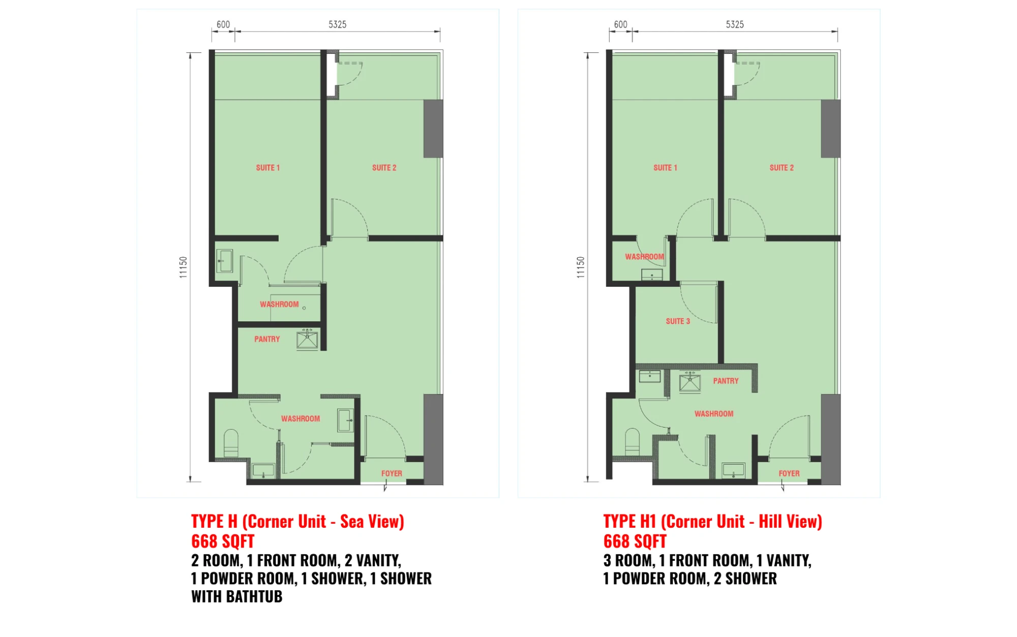 The Bedrock floor plan Type H / H1, 668 sq ft, Corner, 2 or 3 rooms
